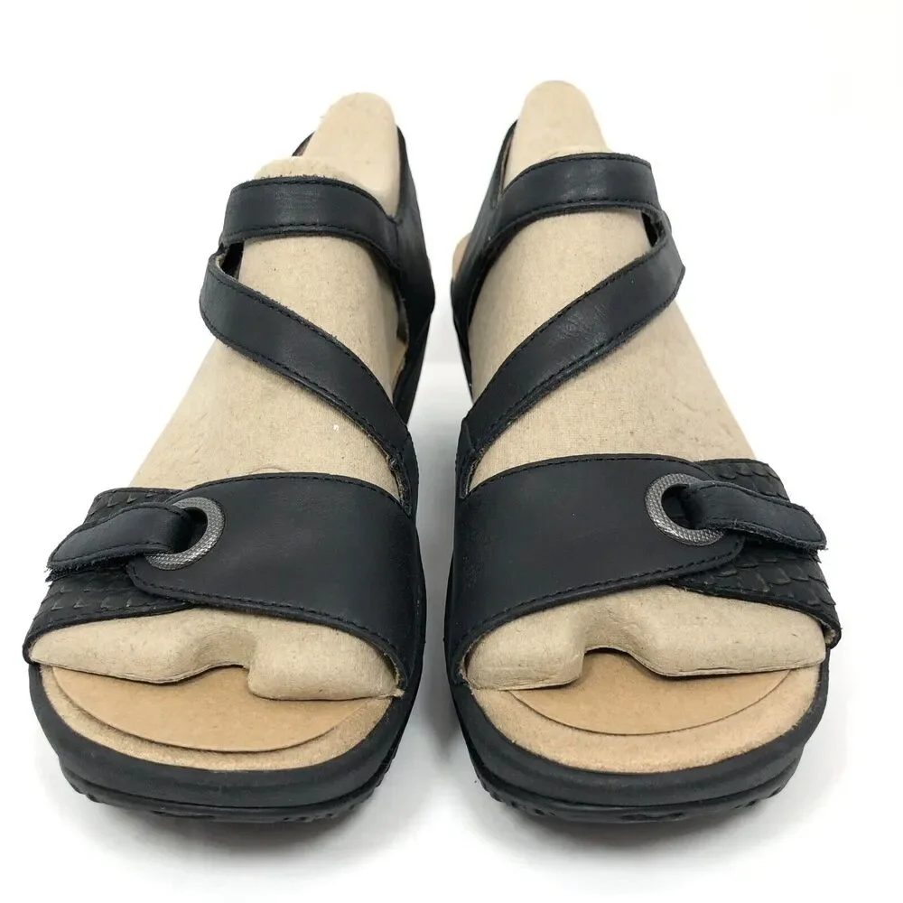 NEW OpBx Halsa Sandals 8.5 Clara Leather Mid Wedge Heels Shoes Ankle Strap Black